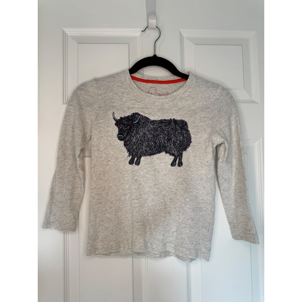 Mini Boden Boys Gray Heather Yak Ox Graphic Long Sleeve Tee Shirt Size 6-7Y